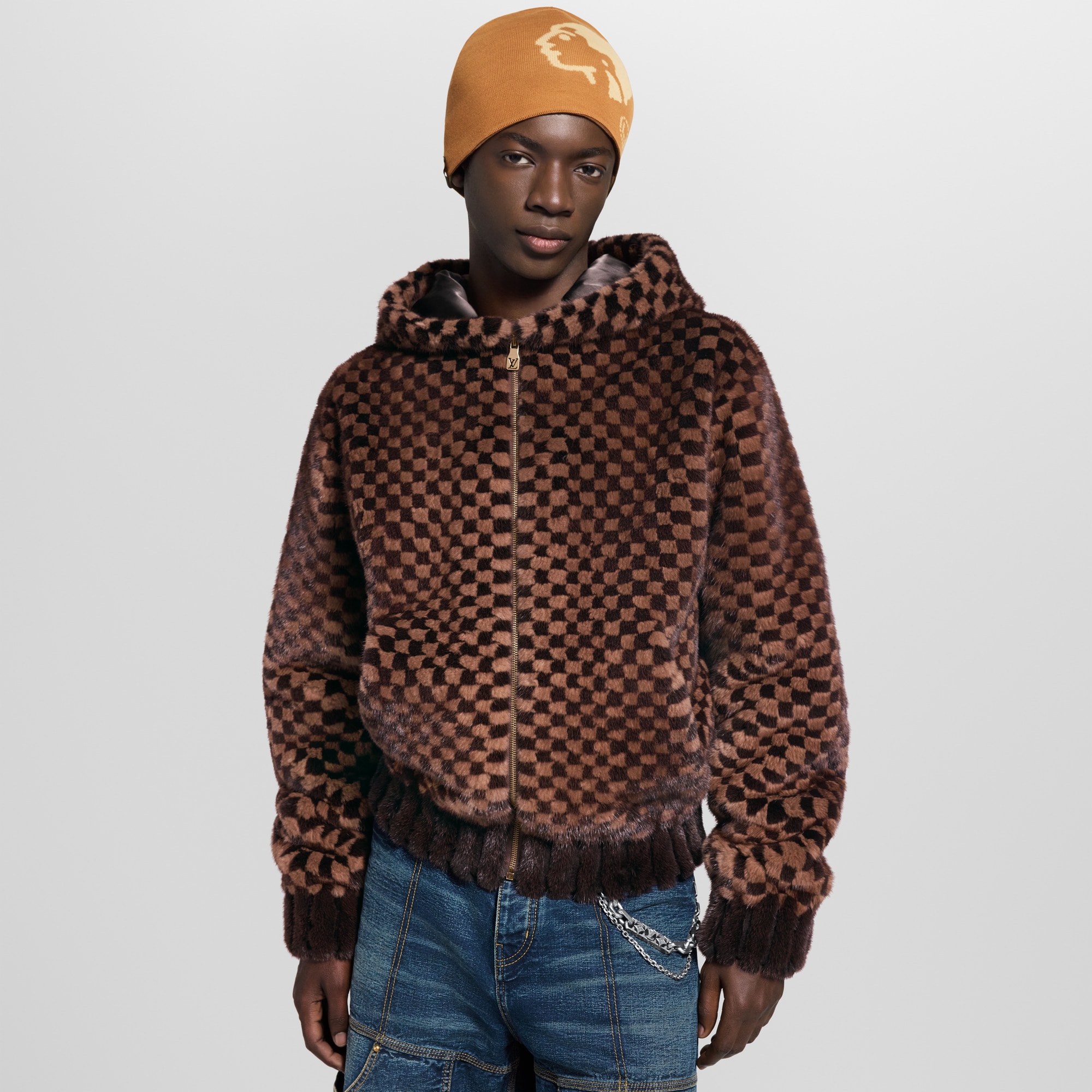 Damier Intarsia Zipped Mink Hoodie - High-End Ready-to-Wear